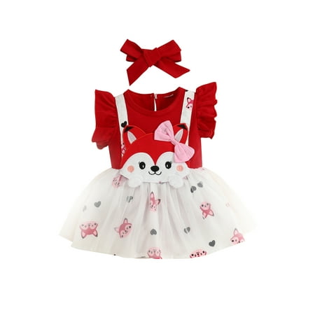 

COUTEXYI Baby Girls Romper Set Fly Sleeve Crew Neck Cartoon Fox Tulle A-line Dress with Headband