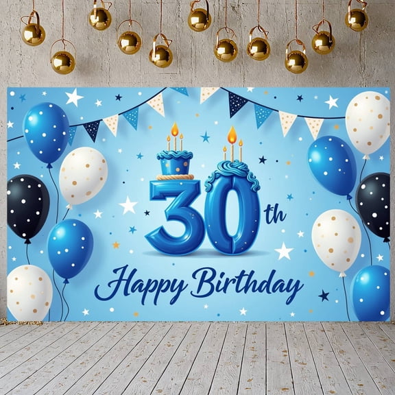 Blue Theme 30th Birthday Banner Balloon Decor Display Cake Design Star Pattern 30th Celebration Background for 30th Birthday Party Adult Celebration Milestone Event