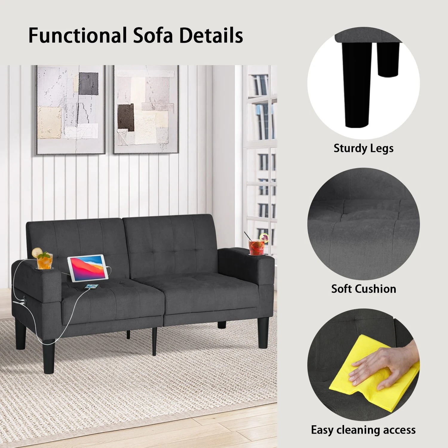 Coewske 62''W Fabric Tufted Sofa Couch Tufted Loveseat w/ 2 USB Charger Ports & Cup Holders, Dark Gray