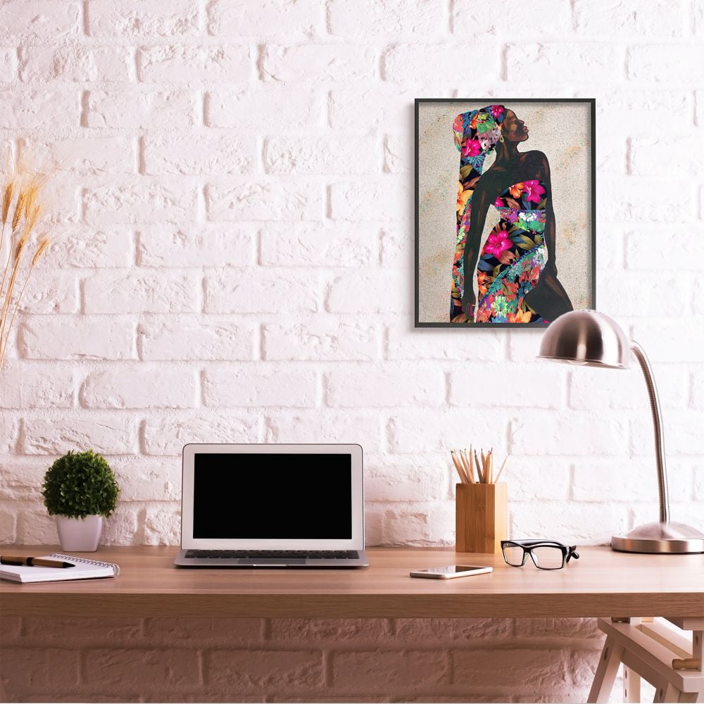 Stupell Industries Elegant Female Tropical Floral Dress Strength Pose Framed Wall Art Design by Alonzo Saunders, 24" x 30", Black Framed