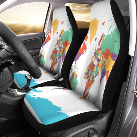 RYLABLUE Set of 2 Car Seat Covers Political Map of World Antarctica Countries in Four Different Universal Auto Front Seats Protector Fits for Car,SUV Sedan,Truck