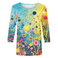 thumbnail image 4 of Sakmal Ladies Tops Blue 3/4 Sleeve Flower Graphic Crew Neck T-Shirts Womens Shirts Plus Size, 4 of 5