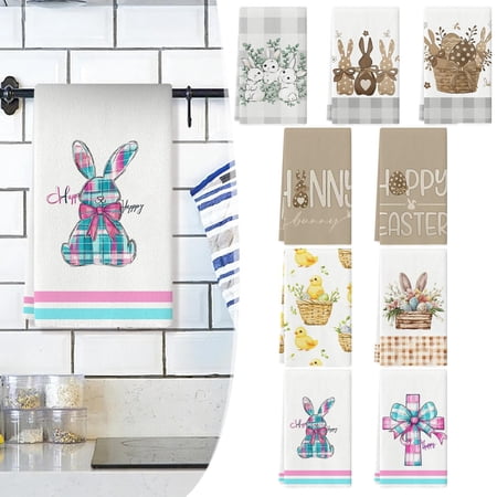 CoreLiving Easter Bathroom Hand Towels Bunny Rabbit Design Lovely Egg Dish Towel Set Absorbent Reusable Washable Polyester Drying Cloths for Spring Farmhouse Neutral Decor Accessories 24x16 Inch