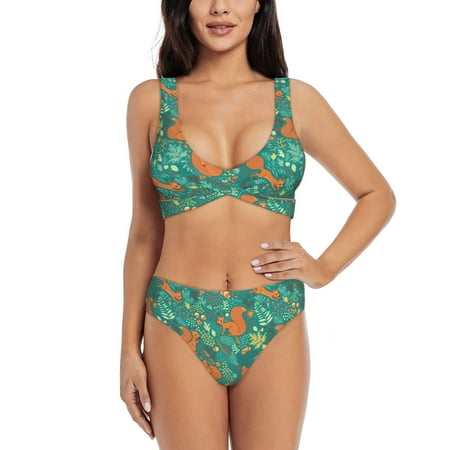 Zeuib Fall Forest Squirrel High Waisted Tummy Control Bikini Set - Knot Front Push Up Top & Cheeky Thong Bottom  Two-Piece Swimsuit for Women-X-Large