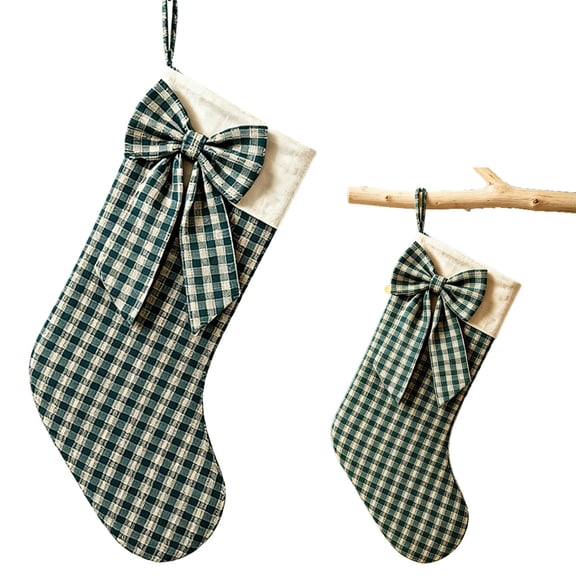 Aoyunhp 1Pc Burlap Christmas Stockings,Retro Bow Plaid Stripe Stocking,Rustic Jute Holiday Sock Decor for Mantel and Tree Bags for Candy and Farmhouse Xmas Decorations,Green