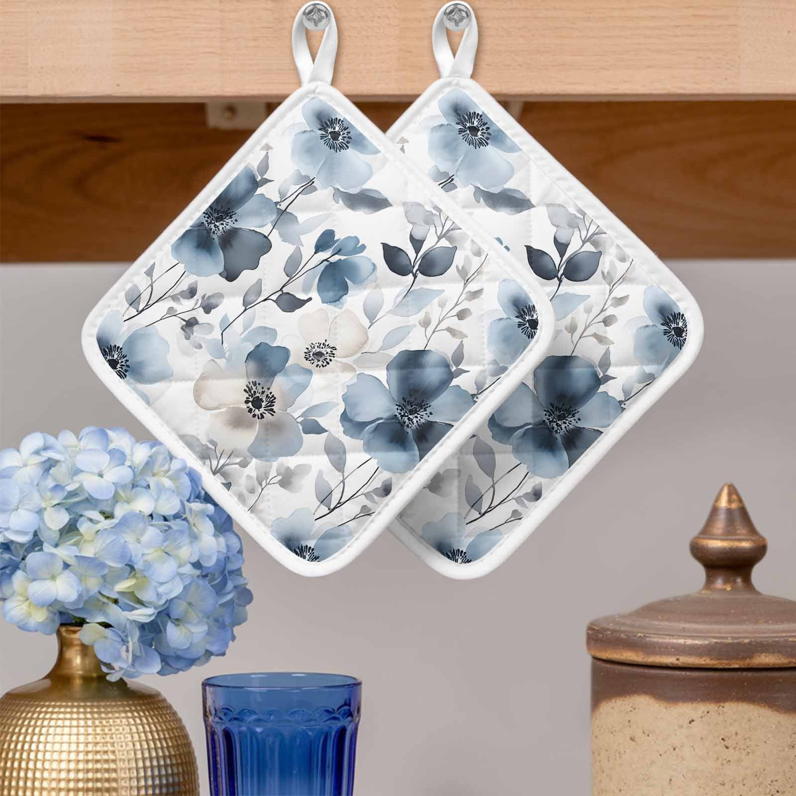Blue Spring Floral Pot Holders for Kitchen Heatproof Potholder, 4 Pack Watercolor Summer Flowers Abstract Hot Pads Multipurpose Oven Pads Cloth Potholders Trivet for Cooking and Baking