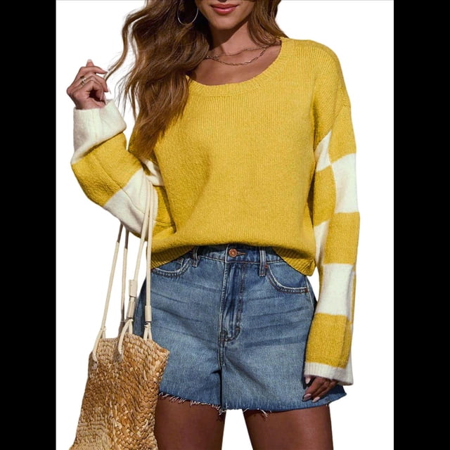 Suéter Informal de Mujer con Bloques de Color y Cuadros, Cuello Redondo, Larga, Jersey de Punto Corto. Amarillo L