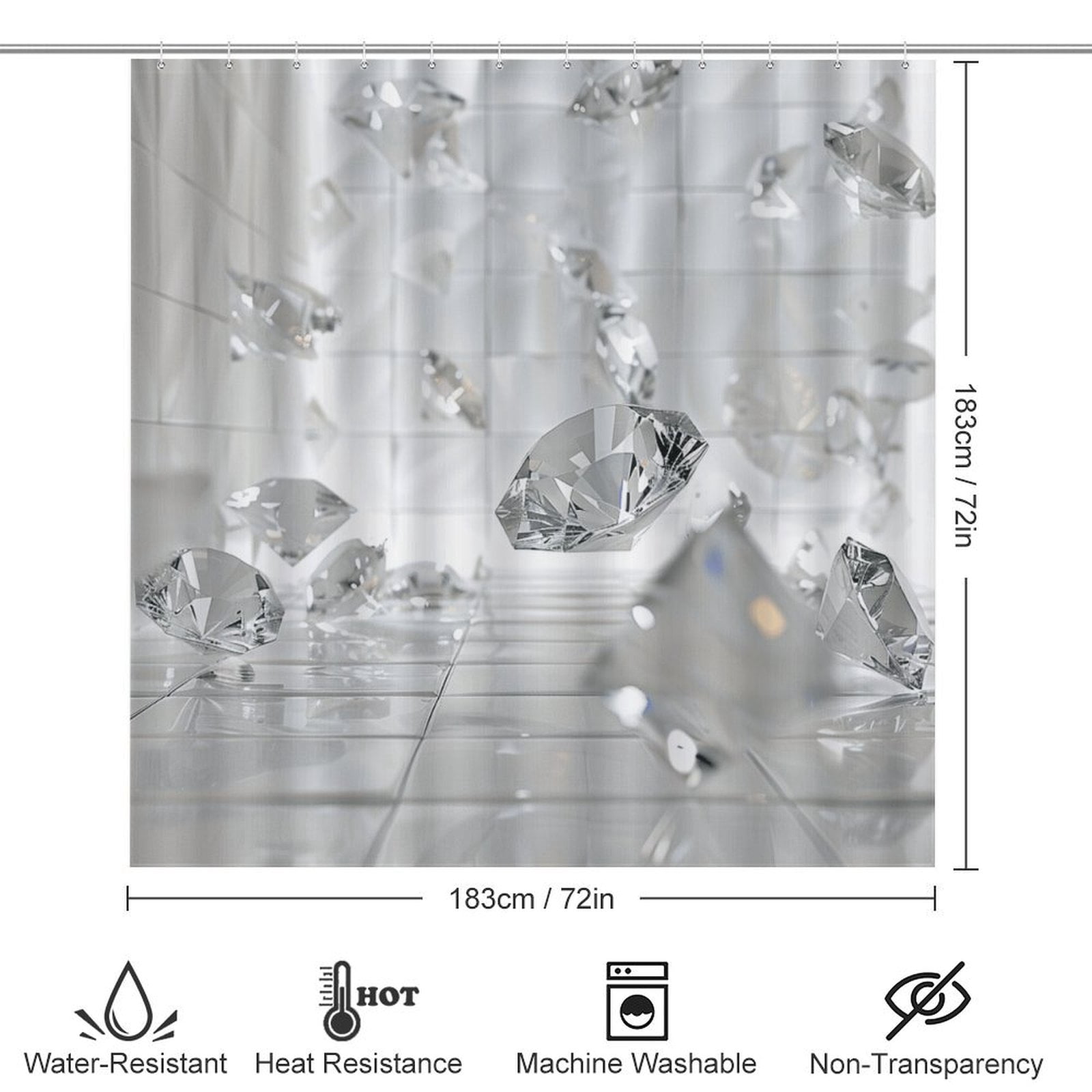 Clear Diamonds 4 Pcs Bathroom Shower Curtain Set, Bathroom Sets with Rugs (Bath Mat, U Shape and Toilet Lid Cover Mat) and 12 Hooks,