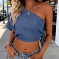 thumbnail image 3 of Women's One Shoulder Tops Short Sleeve Crop Top with Tie Side Textured Breathable Summer Blouse Navy M, 3 of 7