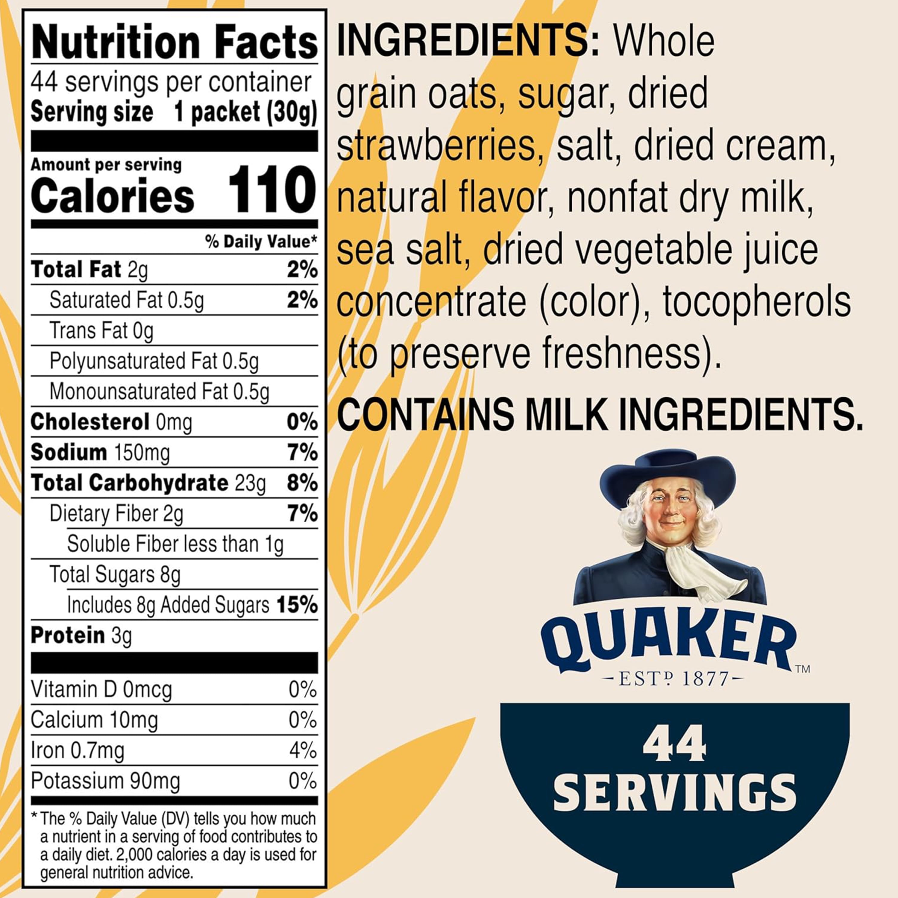 Quaker Instant Oatmeal, Strawberries and Cream, 44 Packets