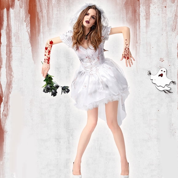 LOVZFMLL Women's Fashion Halloween Fear Cosplay Sexy Bride Costume White Dress White M