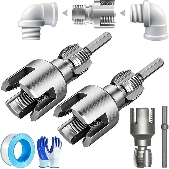 4 in 1 water pipe wrench, 2026 New Pvc PipeThreader Set, Integrated Internal and External Threading Tool for 1/2'' & 3/4'' Pipes, Electric Drill Compatible PVC Threader (1/2'' 3/4'')
