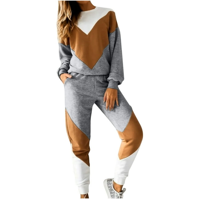 IROINNID Tracksuit For Women 2 Pieces Set Clearance Ladies Slim Sports Long Sleeve Color Block Sweatshirt Set Athletic Set,Brown