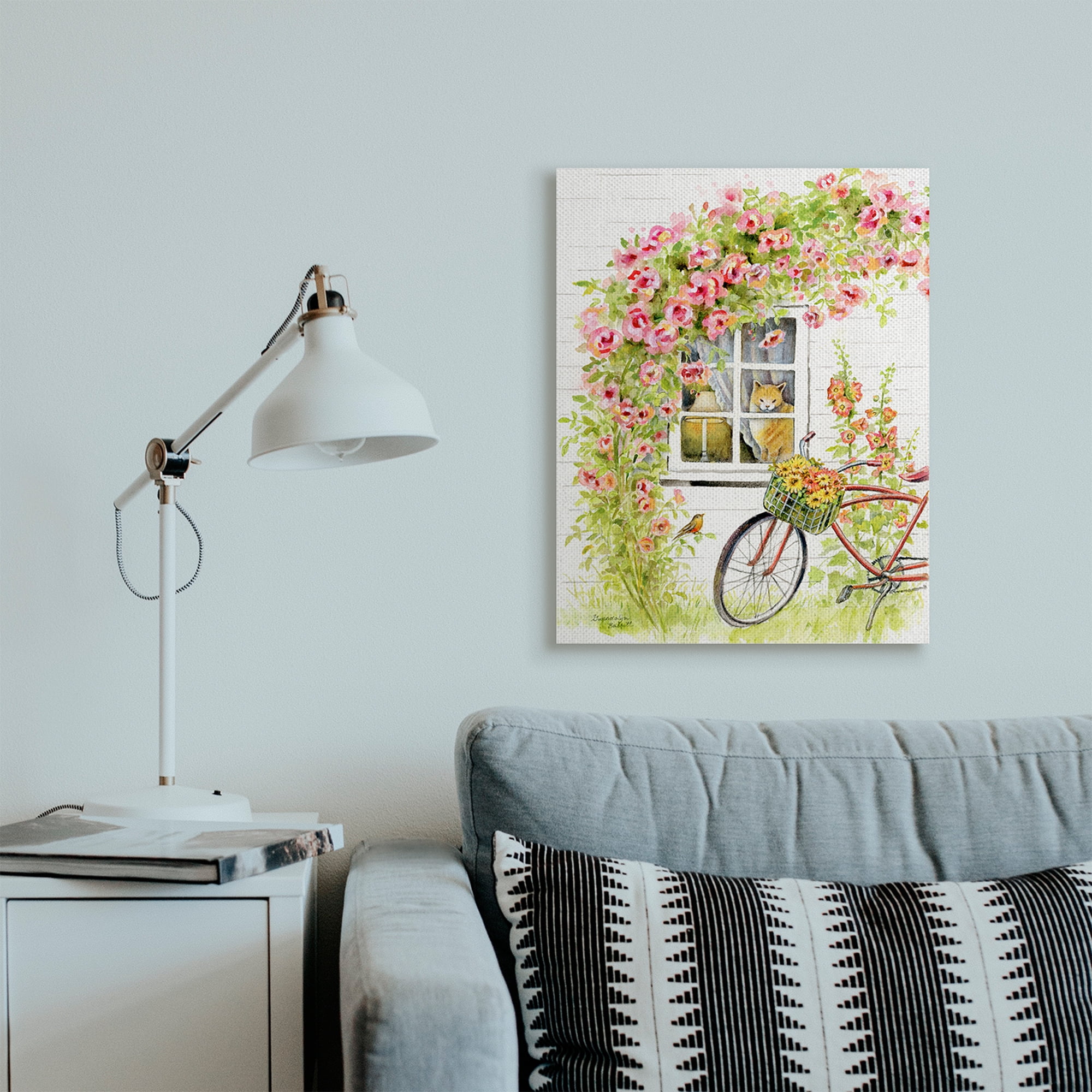 Stupell Industries Pink Bicycle with Charming Cat Cottage Canvas Wall Art, 24 x 30, Design by Gwendolyn Babbitt