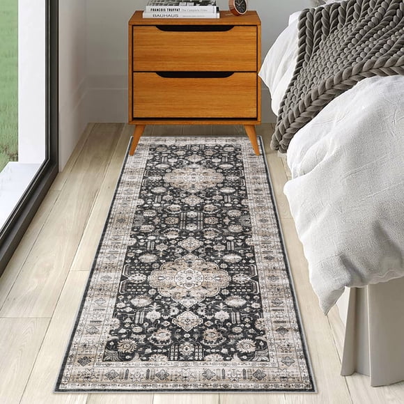 Boho Vintage Runner Rug – Non-Slip, Washable, Soft Medallion, Thin Low Pile Oriental Accent Carpet for Hallway, Kitchen, Bathroom, Bedroom, Entryway – Black, USA, 2x6ft (61x183cm)
