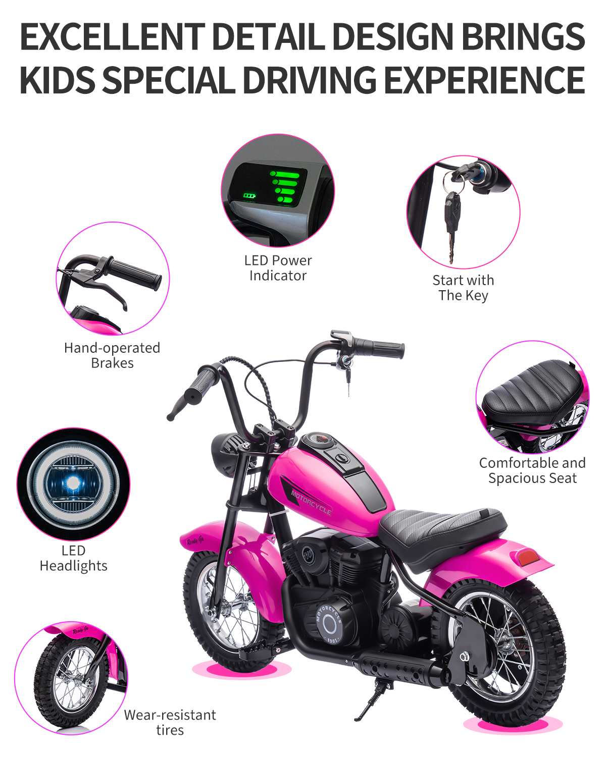 24V Electric Dirt Bike for Kids, 2 Speed Max Up to 14 Mph & 60 Minutes Continuous Electric Motorcycle with Led Lights, Leather Seat, Handbrake for Big Kids Teen, Ideal Christmas Gifts