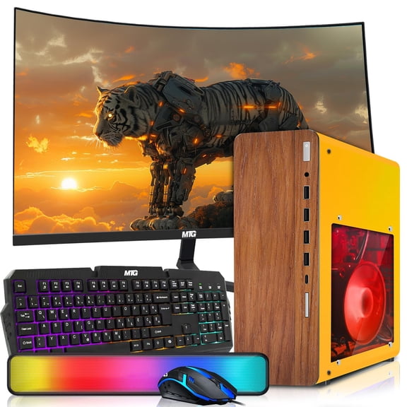 Restored HP Full Dark Desktop Computer PC Lambo AMD A10-9700, 16GB RAM, 1TB SSD, 32 Inch Curved Monitor, RGB KBM with AI Copilot, WiFi, RGB Soundbar, Webcam, Windows&nbsp;11 (Refurbished)
