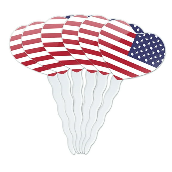 Reversed USA American Flag Red White Blue Military Heart Love Cupcake Picks Toppers Decoration Set of 6