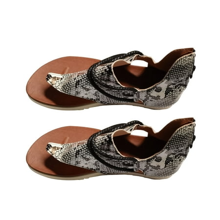Kitem 1 Pair Back Zipper Flats Heel Open Toe Beach Sandals Leopard Patchwork Clip-Toe Women Shoes Walking Shoes