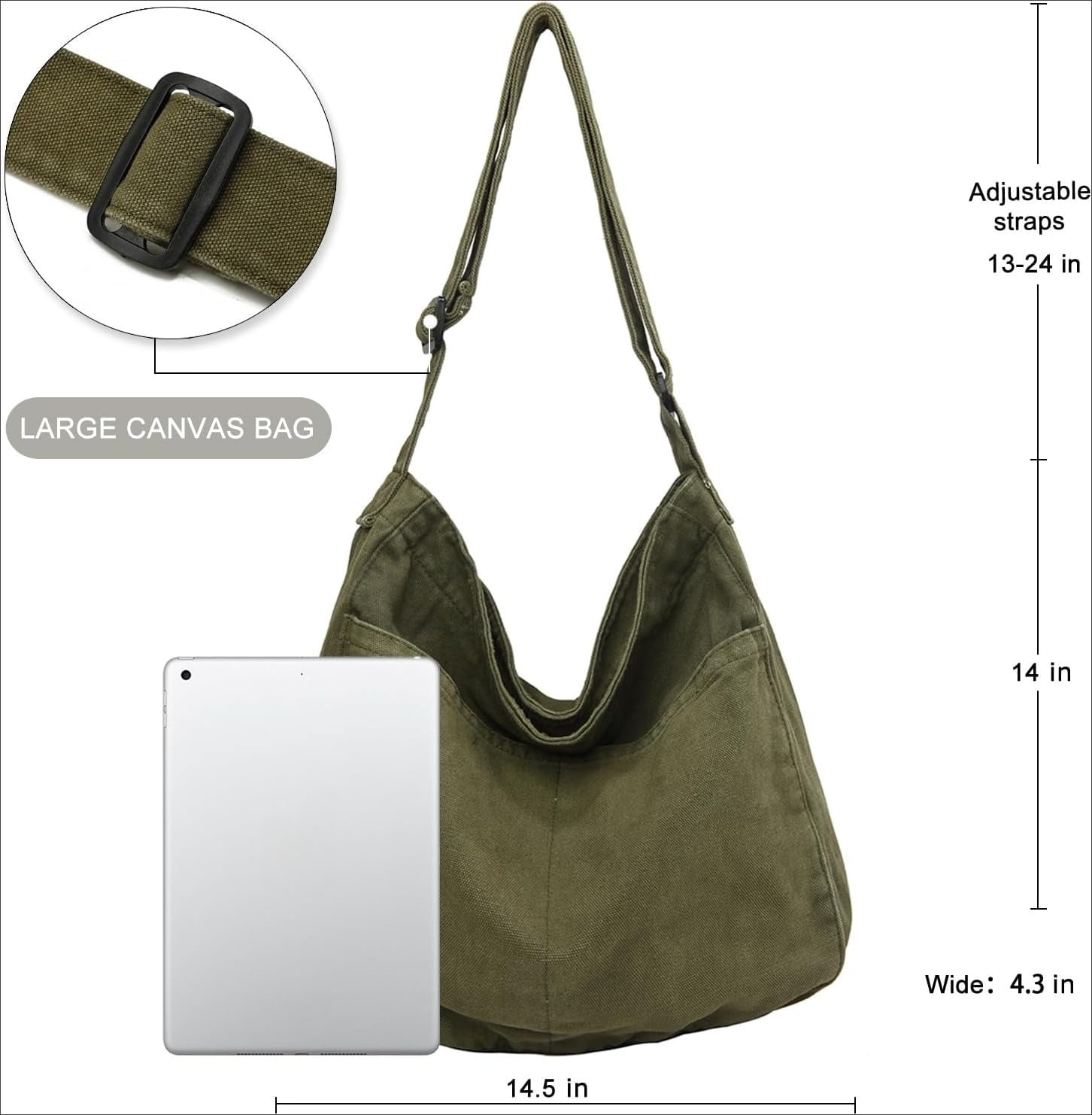 Lohol Canvas Tote Bag, Casual Hobo Crossbody Shoulder Bag for Women and Men, Large Purse for Travel and Work-army Green