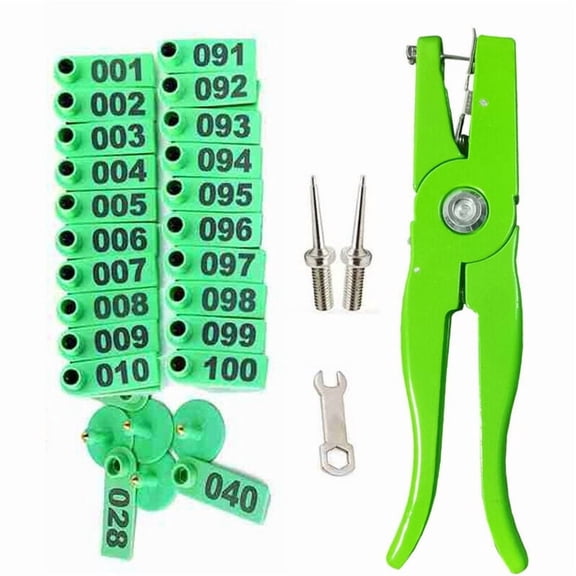 Livestock Animal Ear Tag Pliers for Installing Cattle, Sheep, Pig Ear Tags with 100 Tags 2 Pcs Pin Wrench (Green)