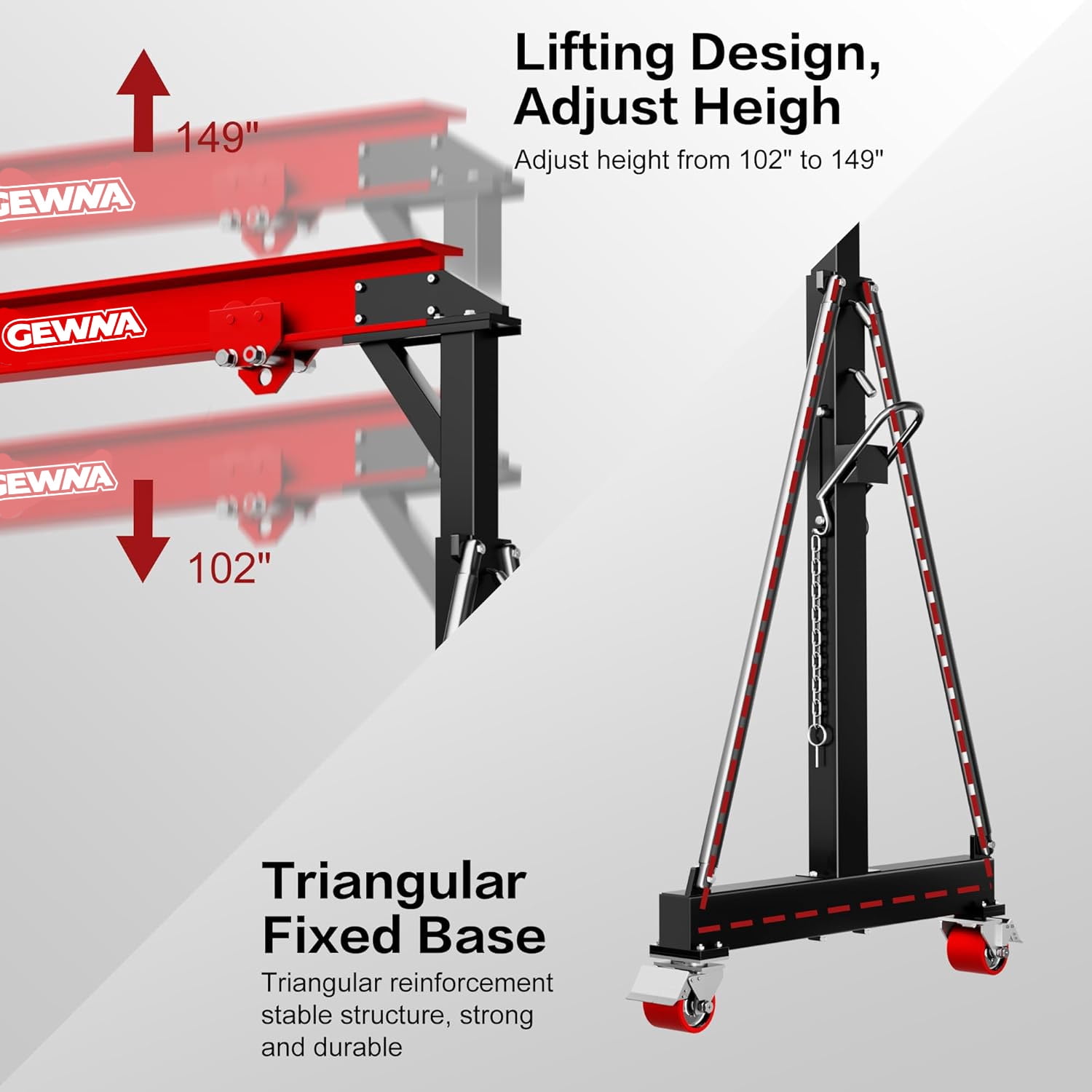 Gewna Adjustable Steel Gantry Crane, 2 Ton/ 5000 lb Capacity, 8.2-12.5ft, Portable Lift Hoist on Wheels with Manual Trolley