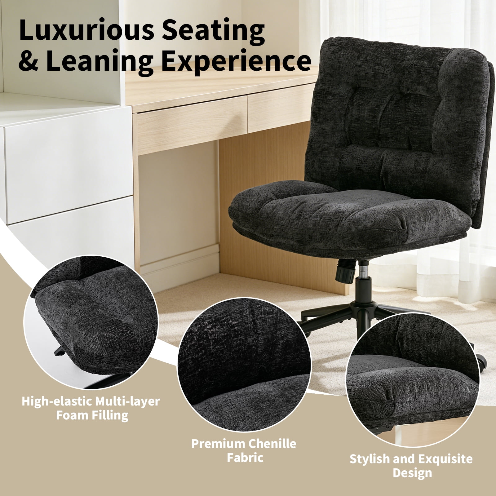 Soft Chenille Cross-Legged Office Chair,Wide Seat Armless Desk Chair with Double Cushion, Swivel Adjustable Vanity Chair for Bedroom, Home Office,Black, EliteEdge