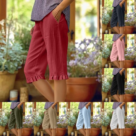 Y-Sunset Women’s Cotton Linen Bermuda Shorts, High Waist Loose Straight Leg Shorts with Ruffle Hem and Pockets, Casual Summer Beach Wear Everyday Loungewear(Red/L)
