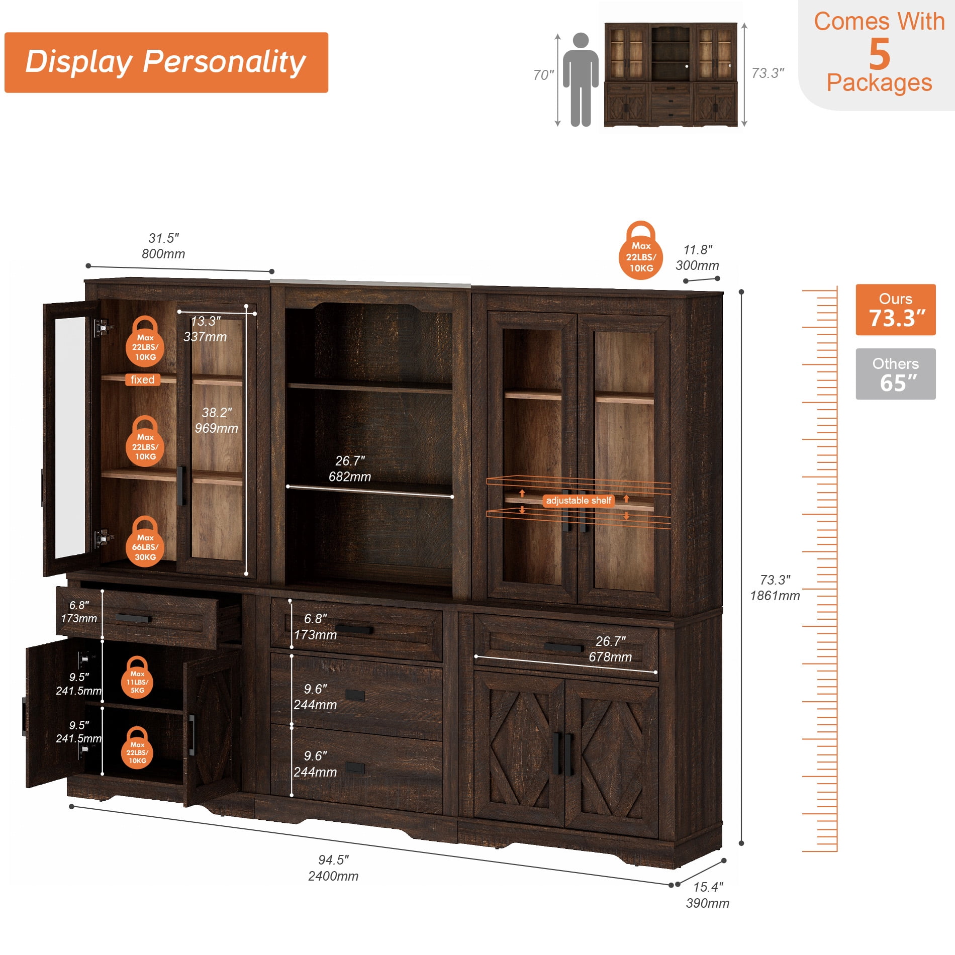 WAMPAT Modern Farmhosue 3-Column BookShelf Set,5 Tier Book Shelf with Open Storage and Glass Doors,73"H Tall Wood Bookcase with Storage Cabinet and Drawers for Study,Bedroom,Living Room,Espresso