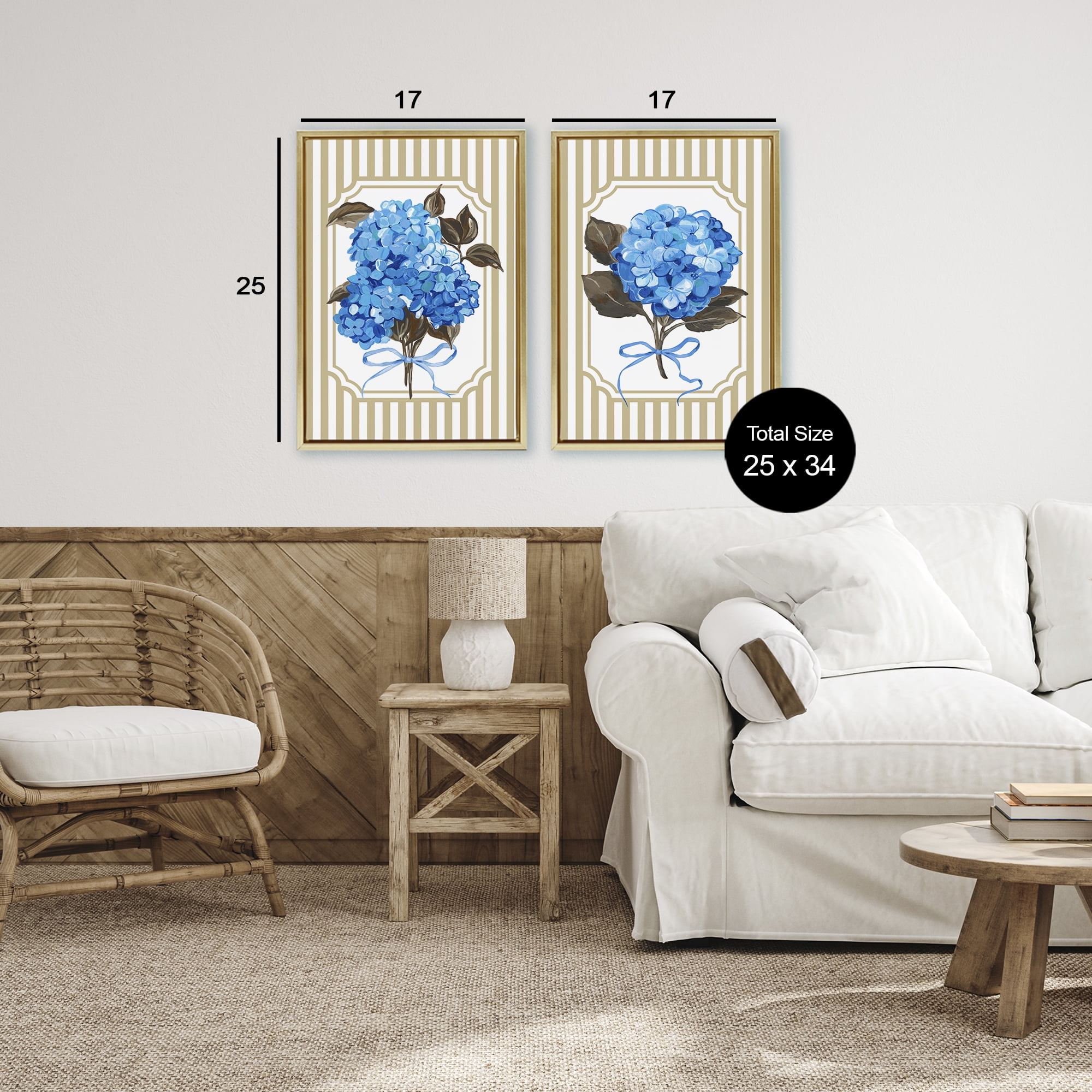 Hydrangea Bouquets with Bows 2 Piece Gold Framed Floater Canvas Set, design by Adonna Ebrahimi