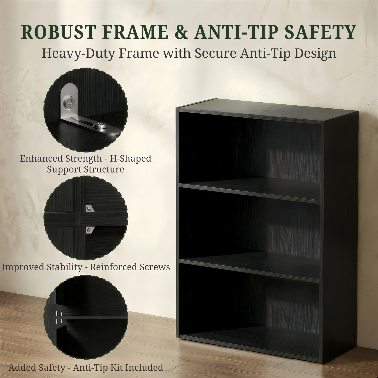 Kelno 3 Tier Vintage Bookshelf 31.5" Freestanding Wood Bookcase with Adjustable Shelf Anti-Tip Kit, Black