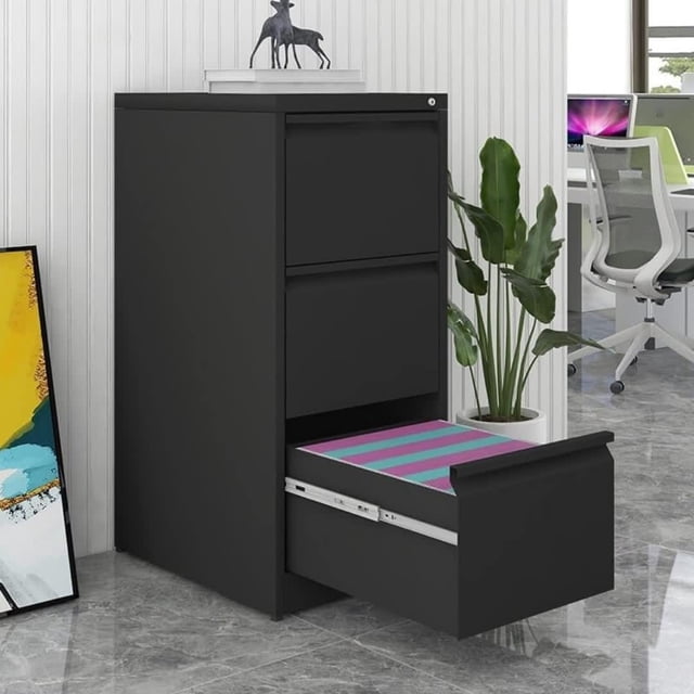 Bingirl Heavy Duty 3 Drawer Vertical File Cabinet with Lock: Metal Steel Storage for Home Office, Fits Letter & Legal Size Files - Assembly Required, Black