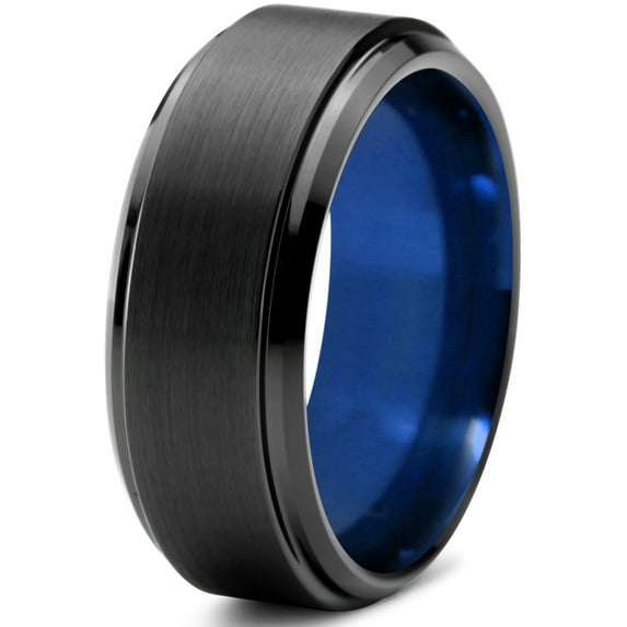 P. Manoukian Tungsten Wedding Band Ring 8mm for Men Women Blue Black Beveled Edge Brushed Polished Lifetime Guarantee Size 12.5