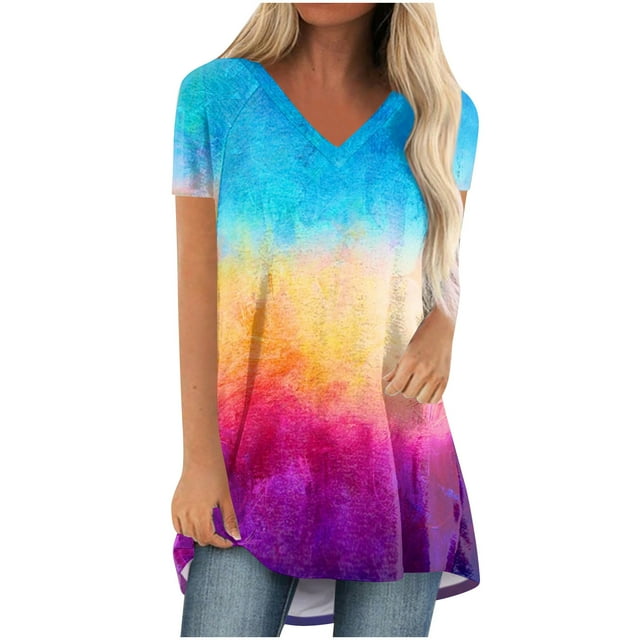 Birdeem Womens Fashion Gradient Printed Blouse V-Neck Short Sleeve Loose T-Shirt Tops