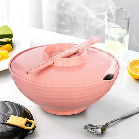 LIOOBO Large Noodles Bowl Pink Wheat Straw Microwave Set for Home Use