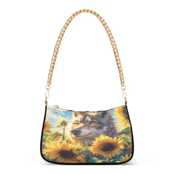 Ryvnso Wolf in Sunflower Womens Chain Shoulder Bag Tote Handbags Clutch Hobo Purse with Zipper for Travel
