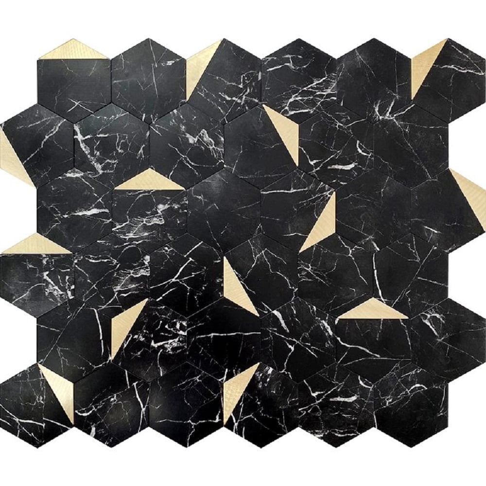 10 pack Hexagon Black and Gold 11.6 in.x11.5 in. Metal Peel and Stick Backsplash Tile for Kitchen and Bathroom (8.3 sq ft./Case)