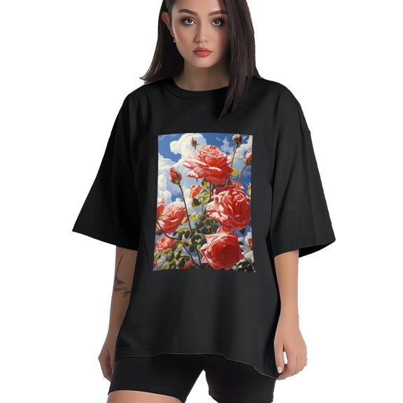 Plus Size Shirt for Women Black Tops for Women Short Sleeves Shirt for Women Rose T Shirt Crewneck Shirt for Women XS