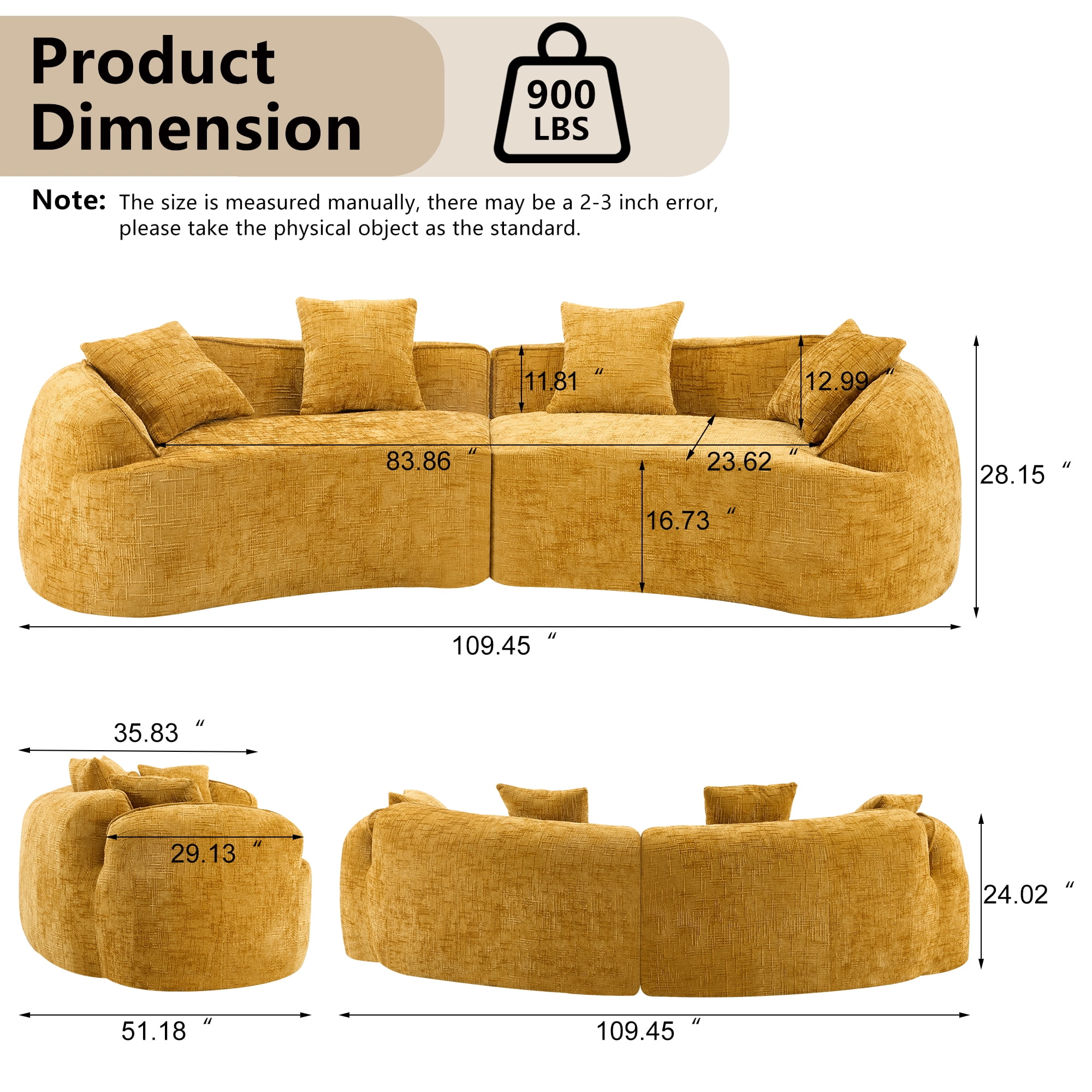 Curved Sofa, Yellow Compressed Chenille Sectional with Soft Fabric and Foam Spring Support, Modern 109-Inch Multi-Seater for Apartment Living Room