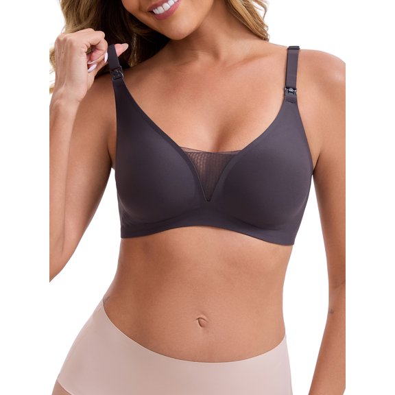INSPIRE CHIC Women's Adjustable Buckled Straps Postpartum Nursing Bra V-Neck Mesh Splicing Lightweight Wireless Bras M Black