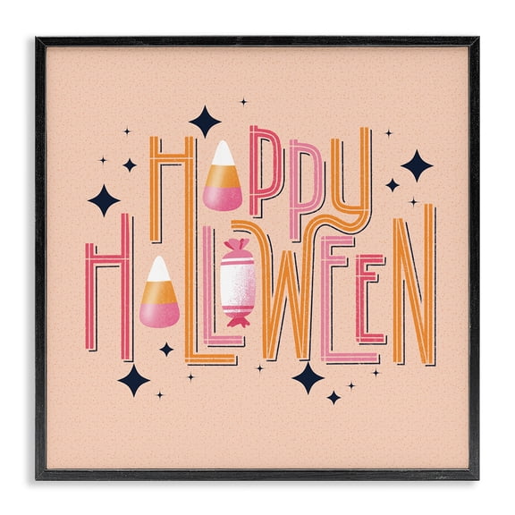 Stupell Industries Happy Halloween with Candy Quotes and Sayings Painting Black Framed Art Print Wall Art, 12 x 12