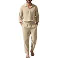 thumbnail image 2 of Men's Linen Blend Camp Collar Long Sleeve Shirt and Drawstring Pants Two Piece Outfit Khaki XXXL, 2 of 7
