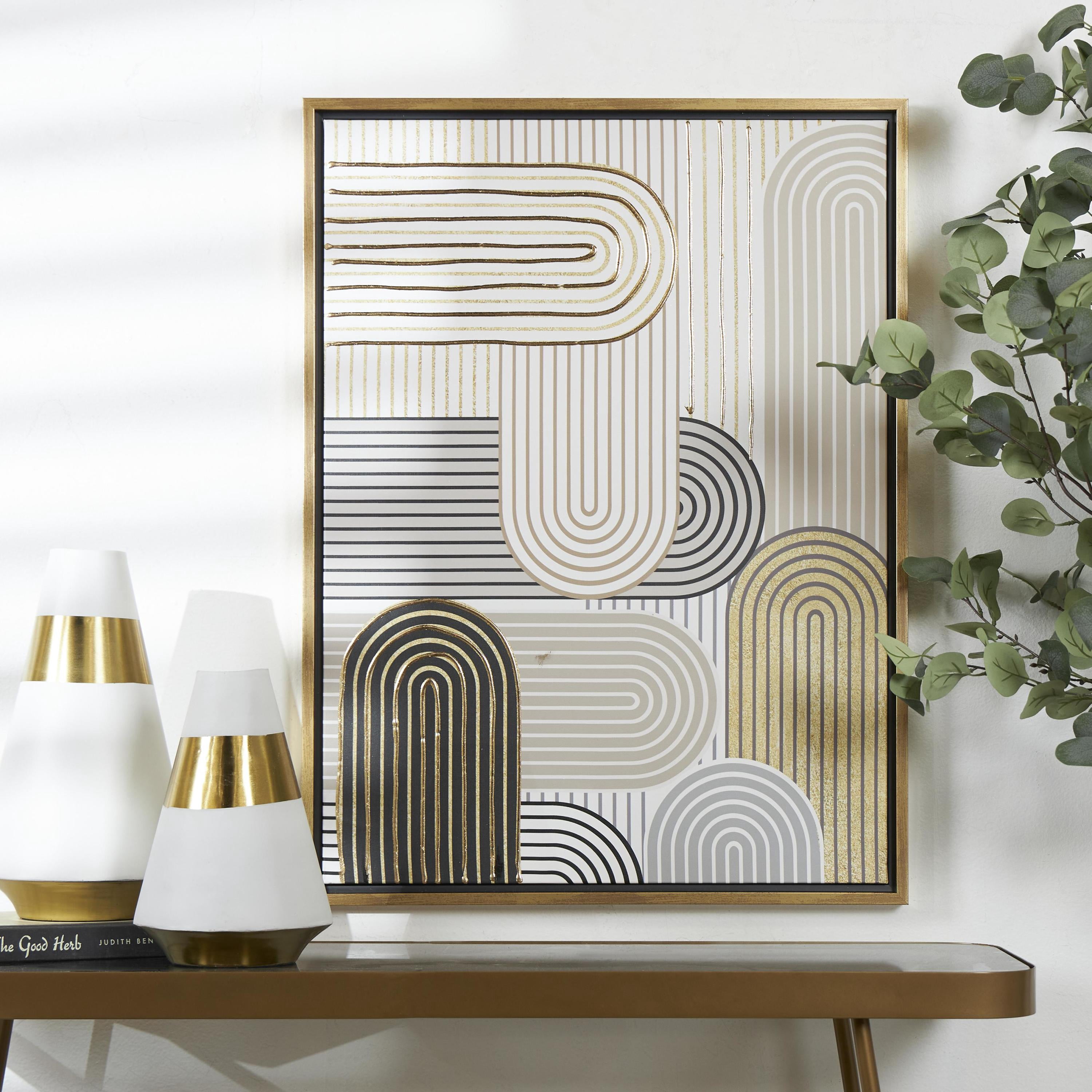 24" x 32" Art Deco Linear Arched Abstract Framed Wall Art with Gold Foil Accents, by DecMode