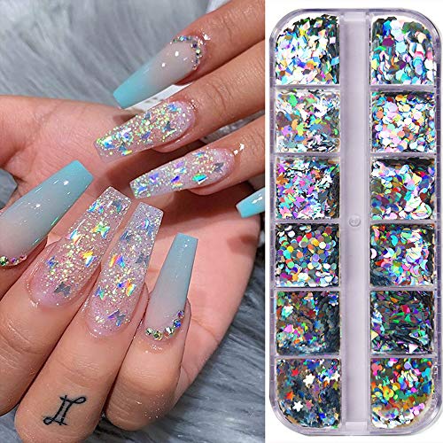 Mrsyel 12 Boxes Holographic Glitter Nail Art Sequins Iridescent Mermaid