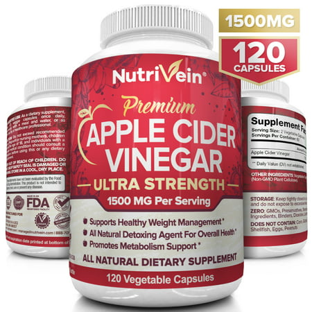 Nutrivein Apple Cider Vinegar Capsules 1500mg - 120 Soft Vegan Pills - Healthy Weight Loss, Detox, Digestion, Cleanser - Supports Blood Sugar & Immune System - ACV Appetite Suppressant (Best Cleanse For Weight Loss)
