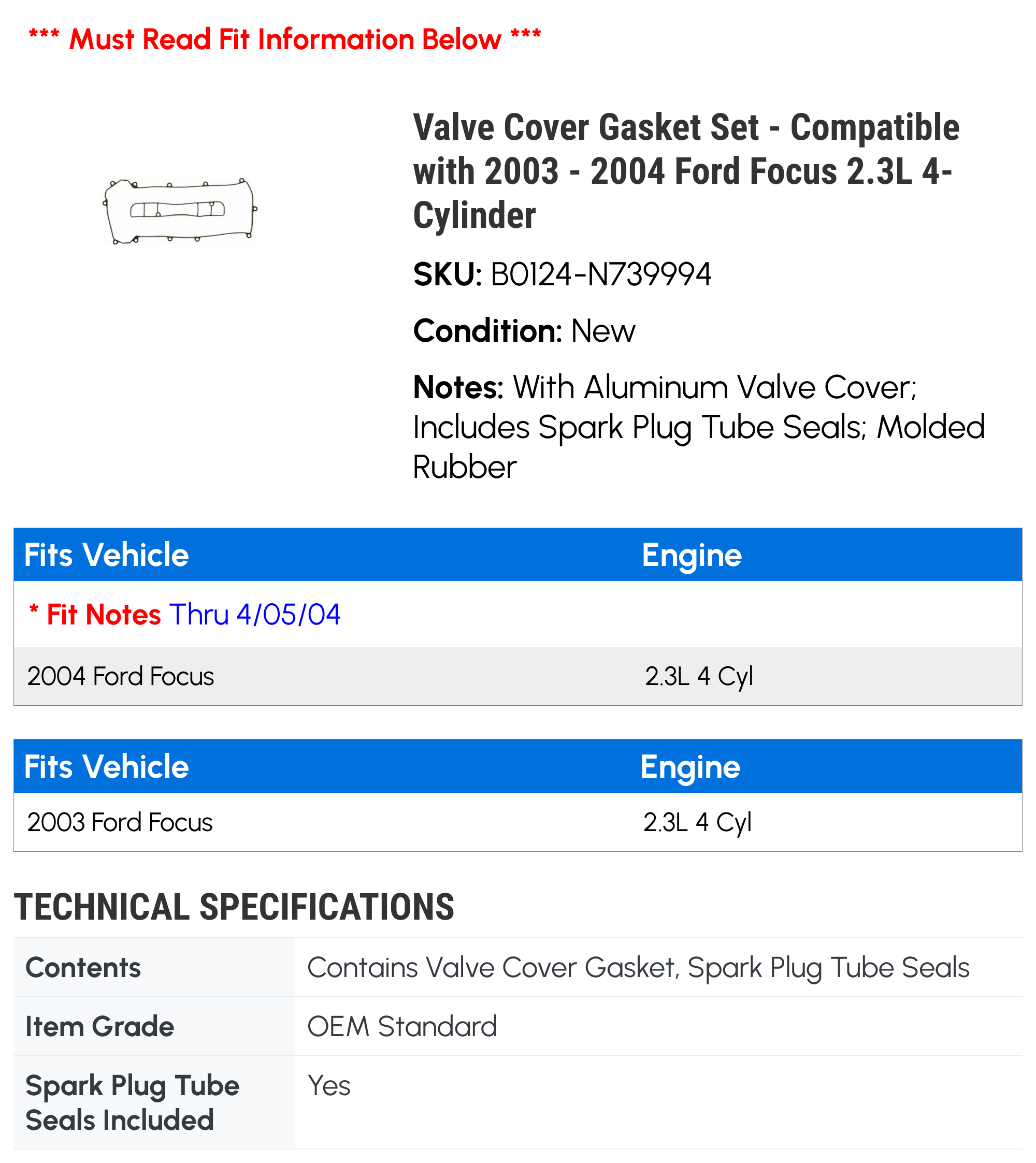 Valve Cover Gasket Set Compatible with 2003 2004 Ford Focus 2.3L  4-Cylinder