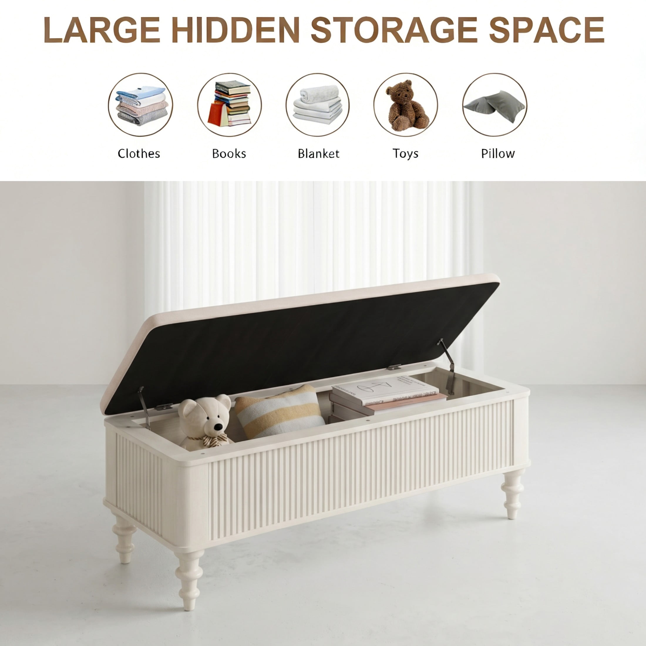 GDF Studio 50.8-Inch Storage Ottoman Bench with Linen Seat, Solid Rubberwood Frame, Beige