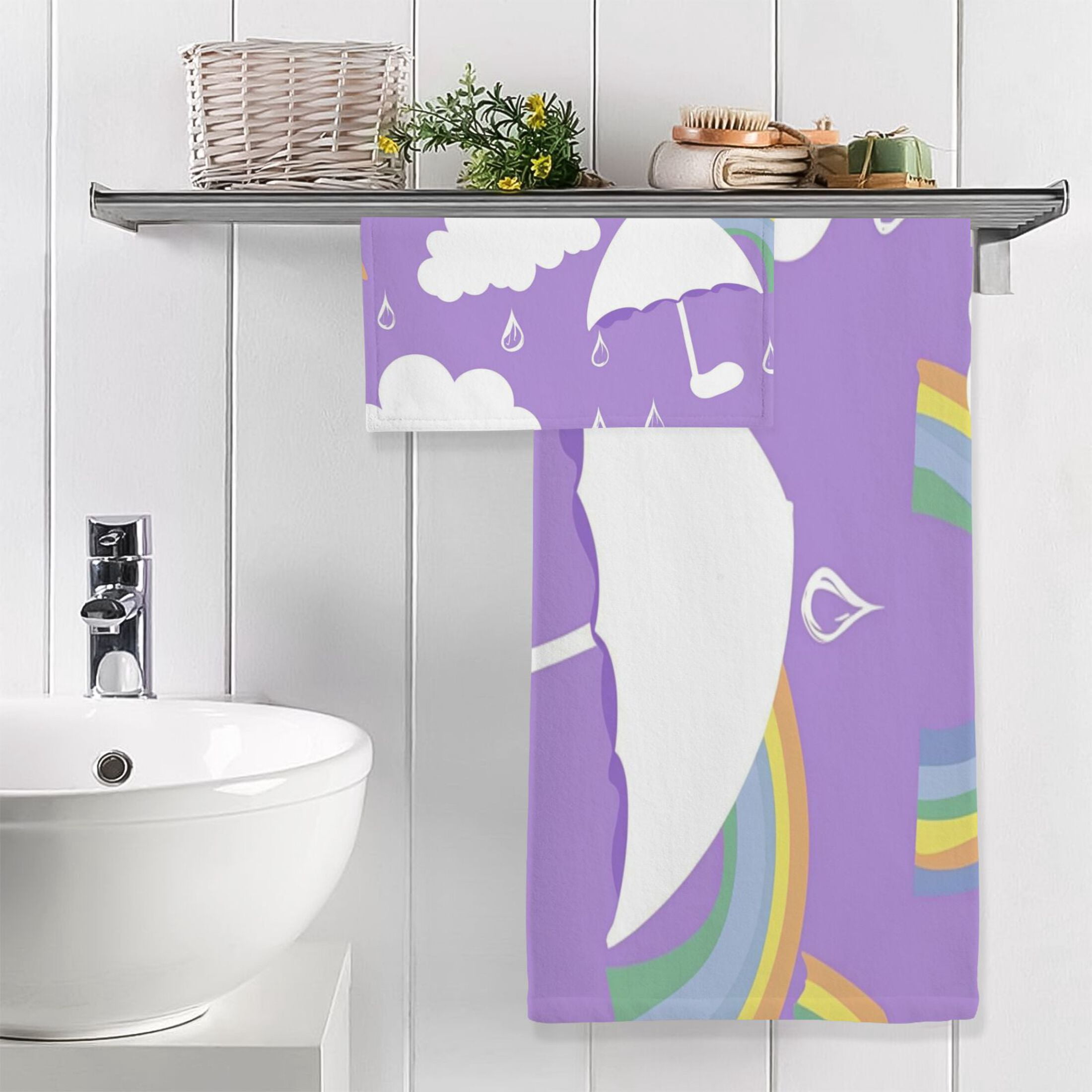 Cloud Umbrella and Rainbow 2 Piece Cotton Bath and Face Towel Set Soft and Absorbent, for Beach Pool Bathroom