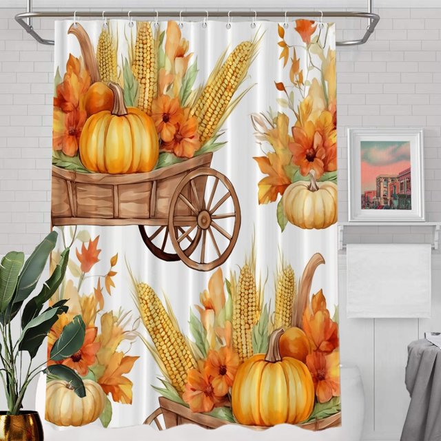 Cortina de ducha con decoración de cosecha del día de Acción de Gracias, carretilla con calabazas, flores, maíz, decoración de baño, anillos de plástico de fibra de poliéster, de secado rápido,