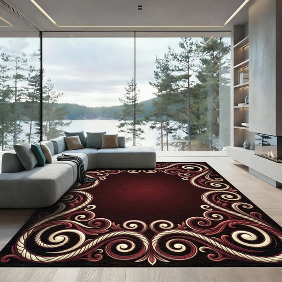 ODIKA 4'x6' Machine Washable Non-Slip Area Rug, Antique Burgundy High Traffic Rug, Red, 1008426
